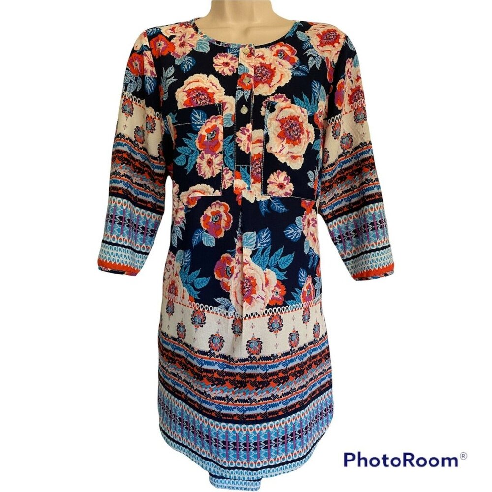 Fig Flower Small 1/4 Button Down Dress Floral Print Polyester 3/4 sleeve - Picture 1 of 9